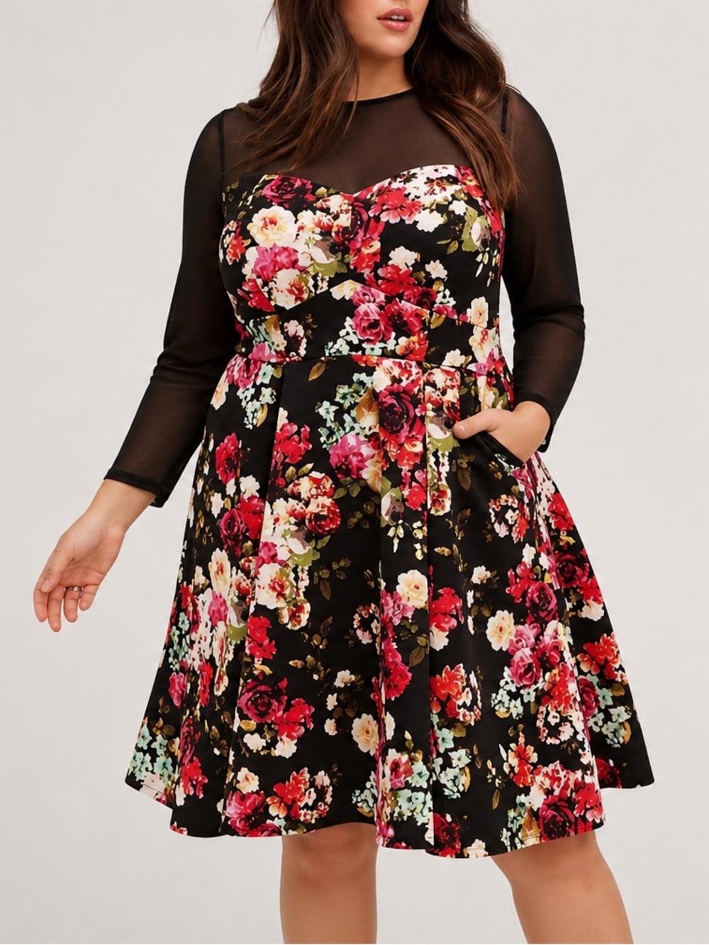 Torrid Floral Fit & Flare Floral Black Mesh Sleeve Pockets Scuba Mini Dress - Picture 11 of 11